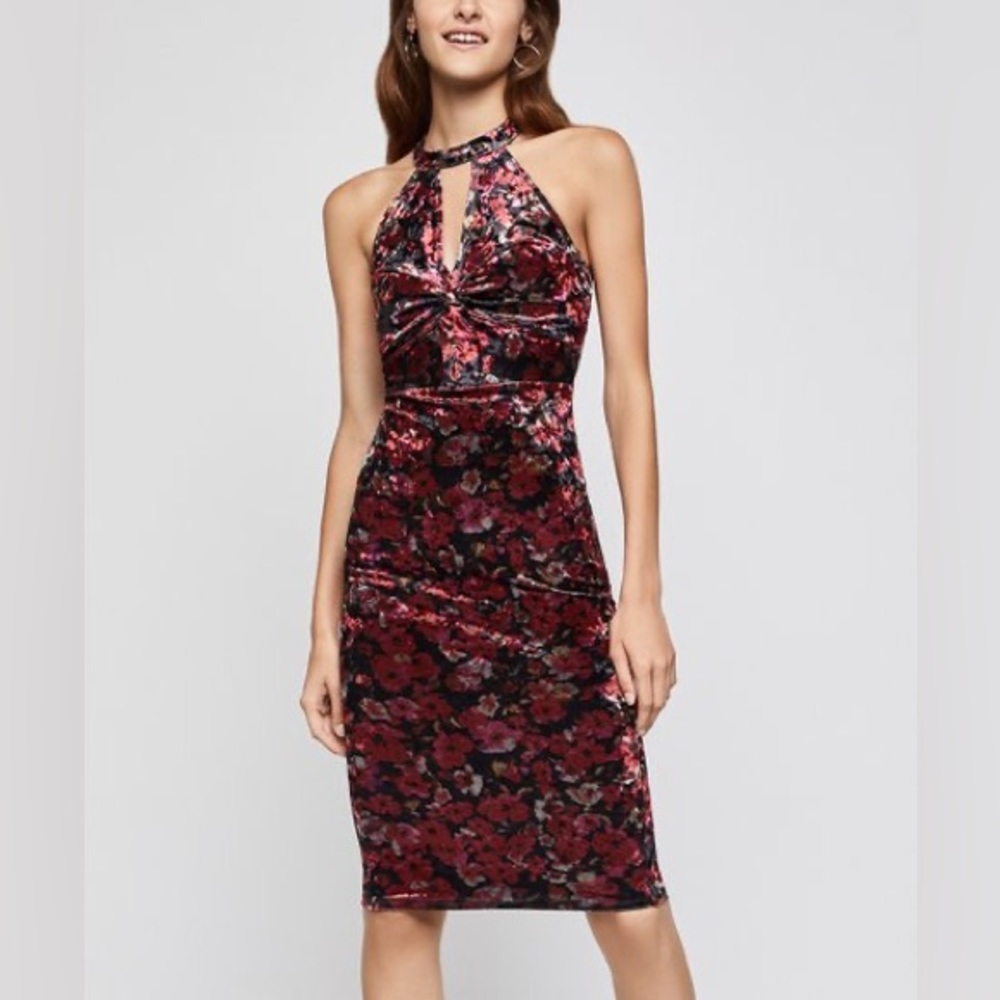 NWT BCBG Floral Velvet Halter Cut Out Midi Dress